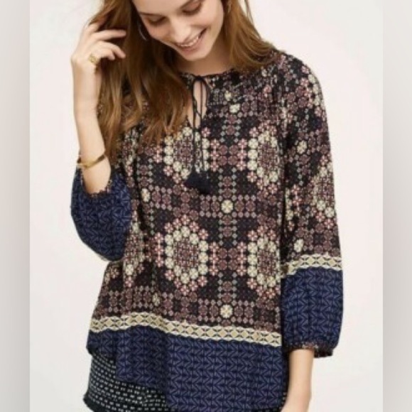 Anthropologie 11•1•TYLHO Smocked Tie Neck Peasant Top - Picture 1 of 6